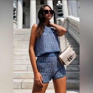 ZARA Tweed Knit High Waist Blue Metallic Shorts